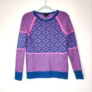 J. Crew Pink and Blue Patterned Crewneck Sweater